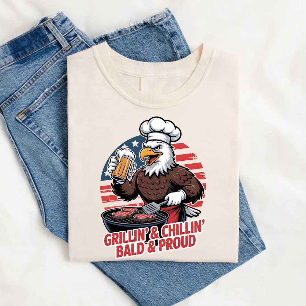 Grillin’ & Chillin’, Bald & Proud T-Shirt – Patriotic Bald Eagle BBQ Vintage Tee Adorb.co